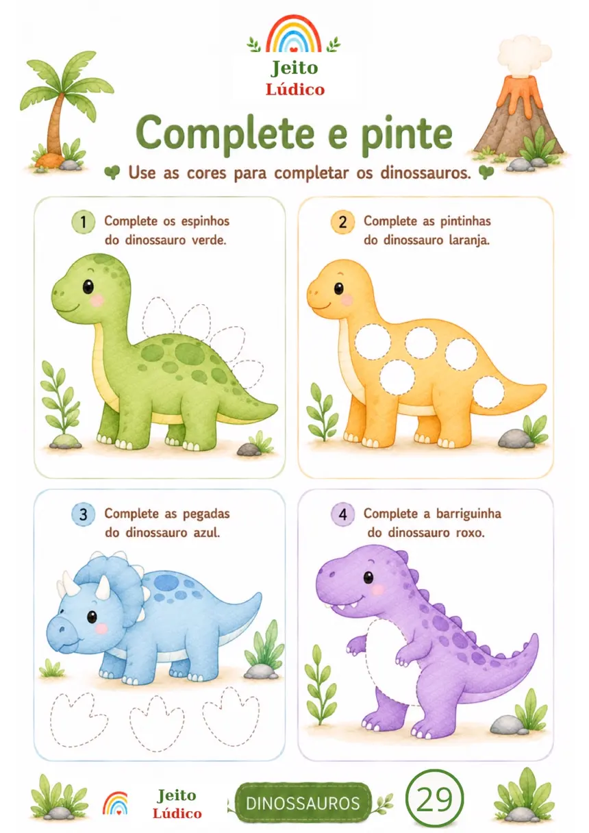 Atividade complete e pinte os dinossauros