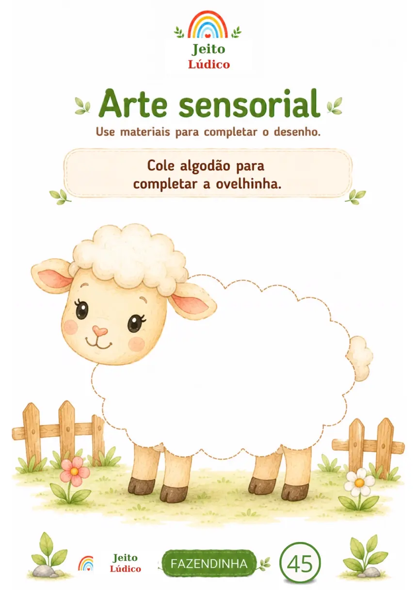 Atividade de arte sensorial com algodão da ovelhinha