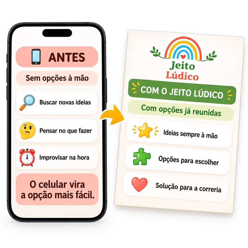 Comparação: antes o celular era a única opção, com o Jeito Lúdico você tem ideias sempre à mão
